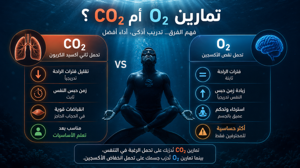 إنفوغرافيك يقارن بين تمارين CO₂ وتمارين O₂ في الغوص الحر، موضحًا الفرق في آلية التدريب، وتأثير كل نوع على حبس النفس، وتحمل ثاني أكسيد الكربون ونقص الأكسجين، مع تحديد المستوى المناسب لكل منهما.