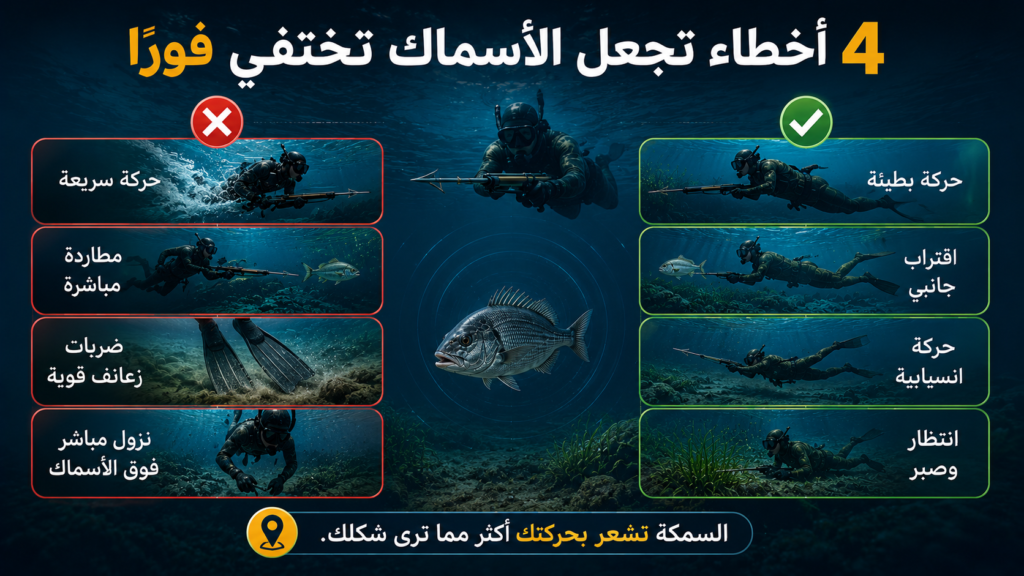 إنفوغرافيك يوضح 4 أخطاء شائعة تجعل الأسماك تهرب فورًا من الصياد تحت الماء، مع مقارنة بصرية بين السلوكيات الخاطئة مثل الحركة السريعة والمطاردة المباشرة، والتقنيات الصحيحة التي تساعد على الاقتراب من الأسماك دون إخافتها.