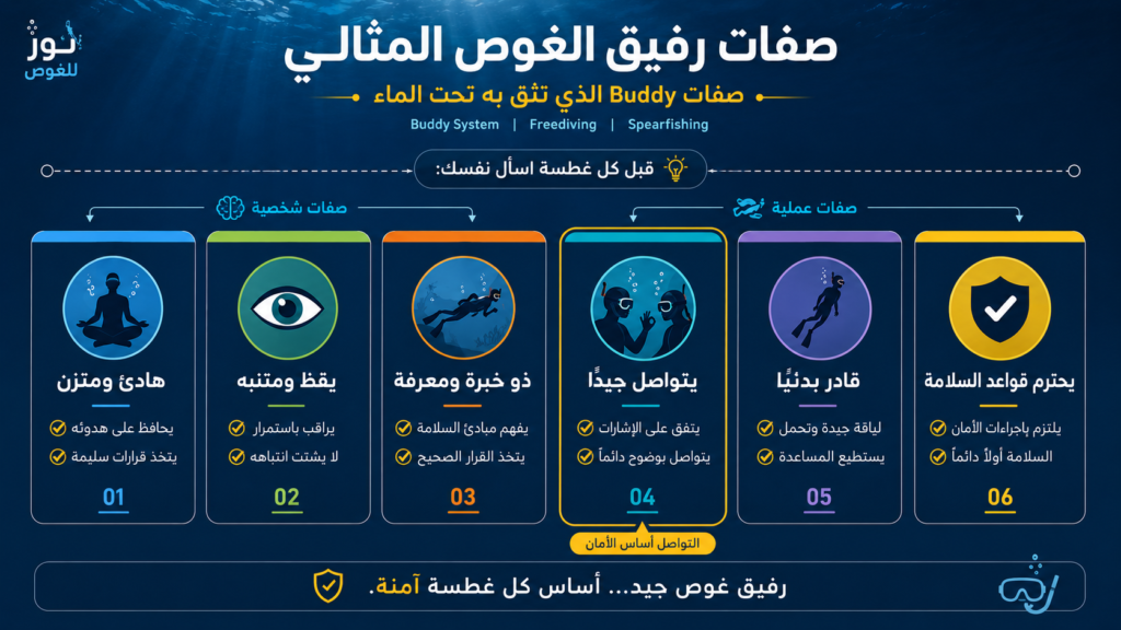 إنفوغرافيك يوضح أهم الصفات التي يجب أن تتوفر في رفيق الغوص المثالي (Buddy)، مثل الهدوء، اليقظة، الخبرة، التواصل، اللياقة البدنية، والالتزام بقواعد السلامة في الغوص الحر والصيد تحت الماء.