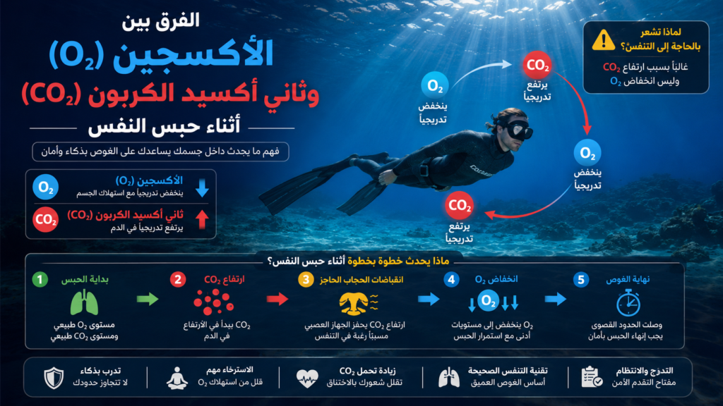 إنفوغرافيك يوضح الفرق بين الأكسجين (O₂) وثاني أكسيد الكربون (CO₂) أثناء حبس النفس في الغوص الحر، مع شرح كيفية انخفاض الأكسجين وارتفاع ثاني أكسيد الكربون وتأثيرهما على الرغبة في التنفس وانقباضات الحجاب الحاجز.