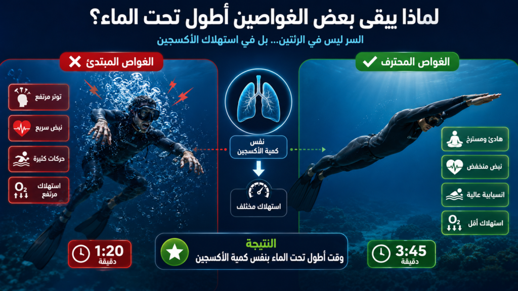 لماذا يبقى بعض الغواصين تحت الماء أطول؟ إنفوغرافيك يوضح الفرق بين الغواص المبتدئ والمحترف وكيف يؤدي الاسترخاء وخفض استهلاك الأكسجين إلى زيادة مدة الغوص بنفس كمية الهواء.