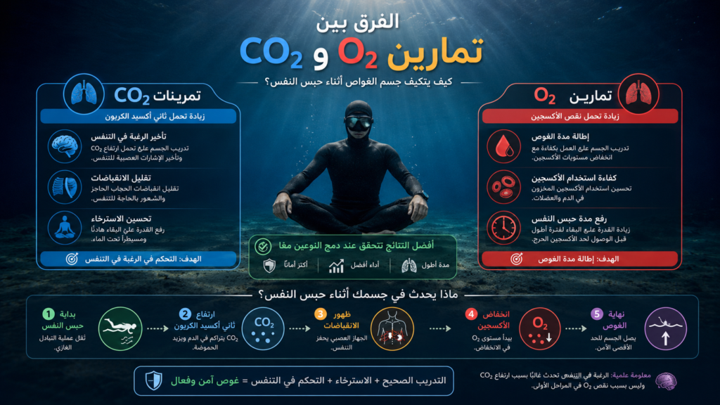 إنفوغرافيك يوضح الفرق بين تمارين O₂ وتمارين CO₂ في الغوص الحر، مع مقارنة أهداف كل نوع من التدريب وتأثيره على حبس النفس وتحمل نقص الأكسجين وارتفاع ثاني أكسيد الكربون داخل جسم الغواص.