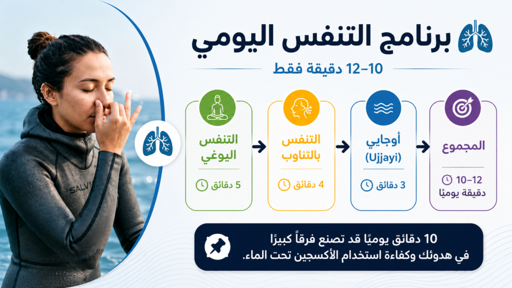 إنفوغرافيك يوضح برنامج التنفس اليومي للغوص الحر، يتضمن التنفس اليوغي والتنفس بالتناوب وتنفس أوجايي (Ujjayi)، مع جدول زمني بسيط يساعد على تحسين الاسترخاء وكفاءة استخدام الأكسجين وزيادة التحكم في التنفس تحت الماء.