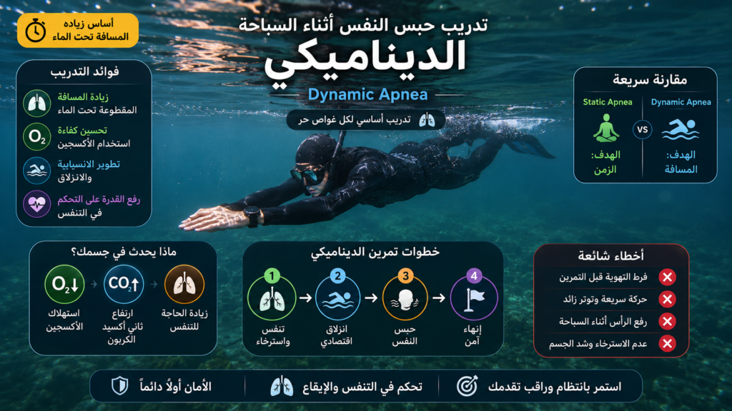 إنفوغرافيك يوضح تدريب Dynamic Apnea في الغوص الحر، مع غواص يسبح تحت الماء في وضعية انسيابية مثالية أثناء حبس النفس، وشرح فوائد التدريب وتأثير انخفاض الأكسجين وارتفاع ثاني أكسيد الكربون على الجسم.