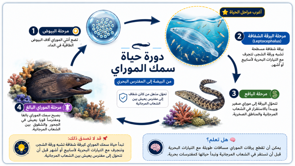 إنفوغرافيك يوضح دورة حياة سمك الموراي (المرينة) من البيوض واليرقة الشفافة إلى الموراي البالغ، مع شرح المراحل الرئيسية وتحوّل هذا الكائن من يرقة شفافة تنجرف مع التيارات البحرية إلى مفترس يعيش بين الشعاب المرجانية.