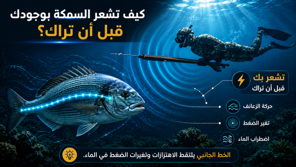 إنفوغرافيك يوضح كيف تشعر السمكة بوجود الصياد تحت الماء قبل أن تراه، من خلال الخط الجانبي الذي يلتقط الاهتزازات وتغيرات الضغط الناتجة عن الحركة داخل البيئة البحرية.