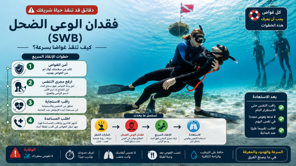 إنفوغرافيك يوضح كيفية إنقاذ غواص في حالة فقدان الوعي الضحل (SWB)، مع شرح علامات الخطر، خطوات الإنقاذ السريع، وإجراءات المتابعة بعد استعادة الوعي أثناء الغوص الحر.