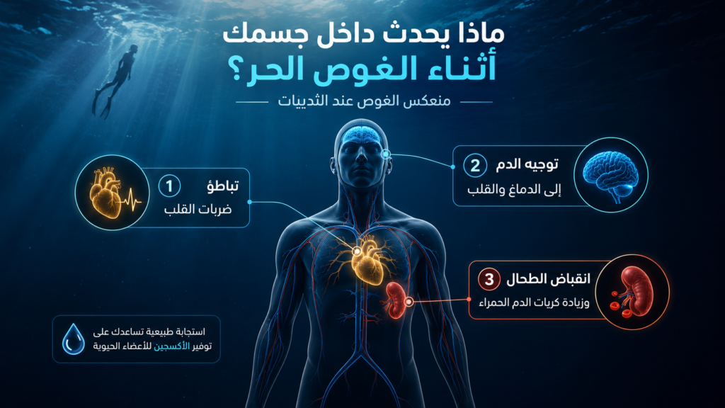 إنفوغرافيك يوضح منعكس الغوص عند الثدييات (Mammalian Dive Reflex) في الإنسان، وكيف يساعد تباطؤ ضربات القلب، وإعادة توجيه الدم إلى الدماغ والقلب، وانقباض الطحال على الحفاظ على الأكسجين أثناء الغوص الحر.