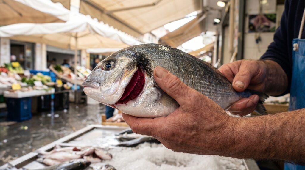 اختيار سمك طازج في سوق السمك مع ظهور العينين والخياشيم بوضوح