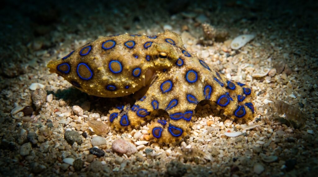 الأخطبوط ذو الحلقات الزرقاء السامة على قاع البحر