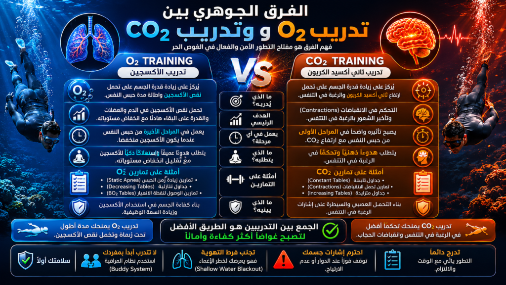 الفرق بين تمارين O₂ وCO₂ في الغوص الحر — أنفوغرافيك احترافي يشرح كيف يطور الغواصون مدة حبس النفس وتحمل نقص الأكسجين والرغبة في التنفس بأمان