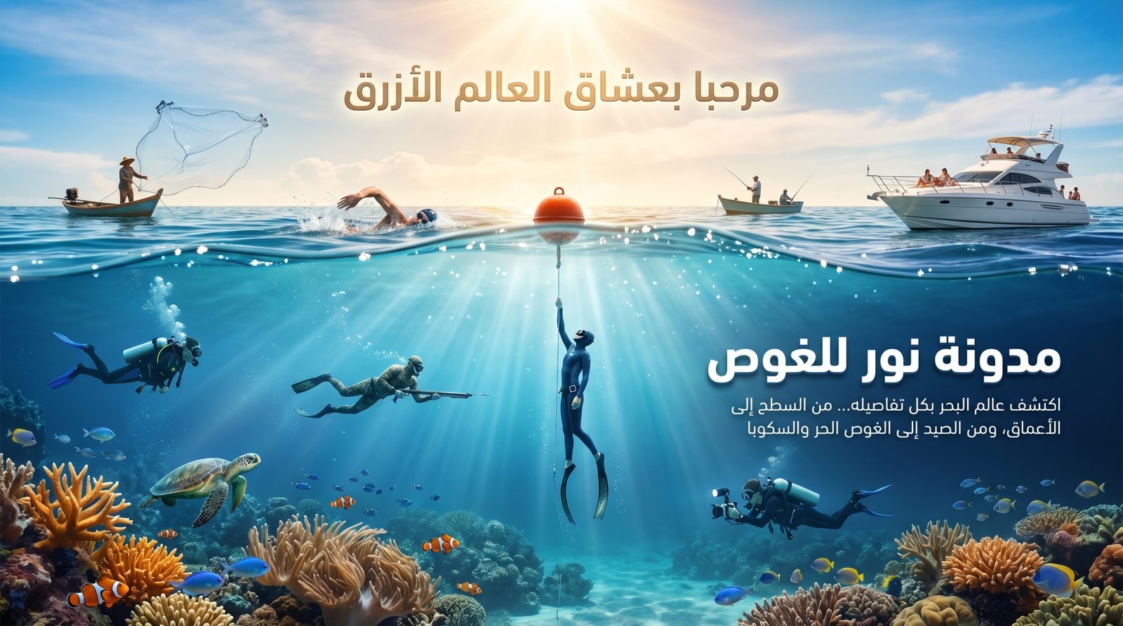 بانر مدونة نور للغوص يظهر مشهدًا بحريًا متكاملًا