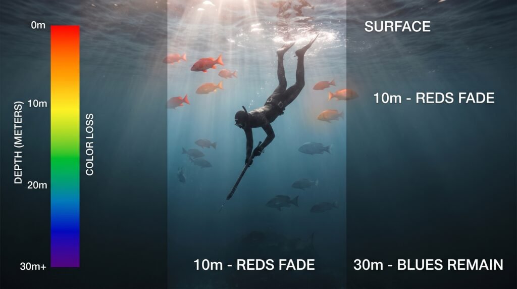 تدرج اختفاء الألوان تحت الماء مع زيادة العمق