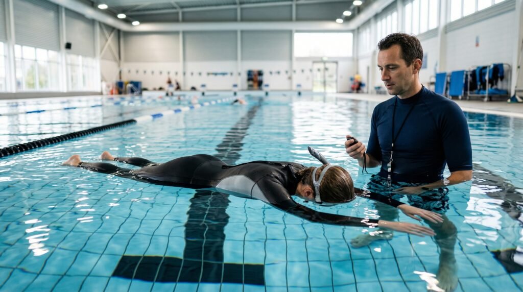 تدريب الغوص الحر على تمارين حبس النفس في المسبح