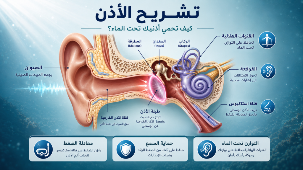 أنفوغرافيك طبي احترافي يوضح تشريح الأذن البشرية أثناء الغوص مع إبراز طبلة الأذن والقوقعة وقناة استاكيوس وكيف تساعد معادلة الضغط على حماية السمع والتوازن تحت الماء