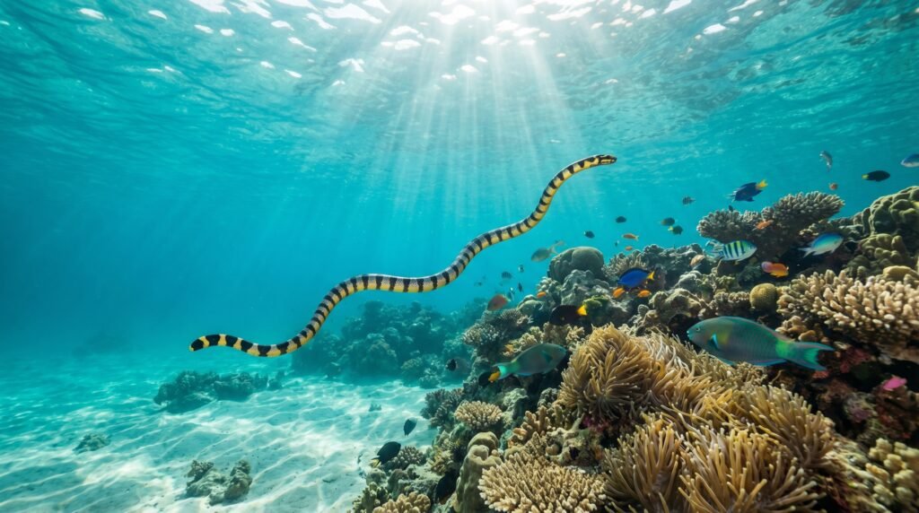 ثعبان بحر يسبح فوق الشعاب المرجانية في مياه استوائية
