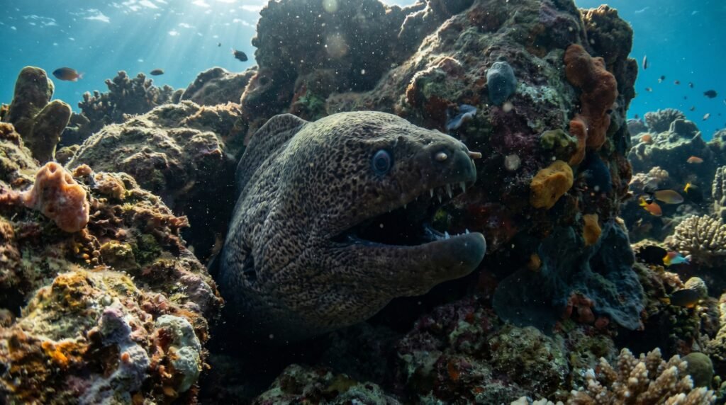 رأس سمك موراي يخرج من شق صخري تحت الماء