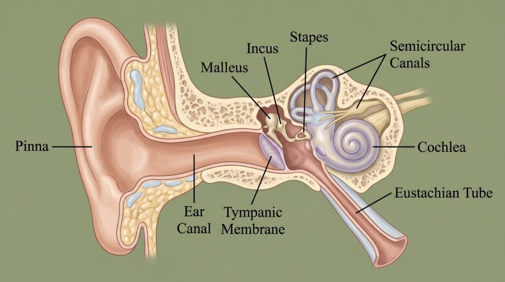 رسم تشريحي للأذن يوضح قناة استاكيوس والأذن الوسطى