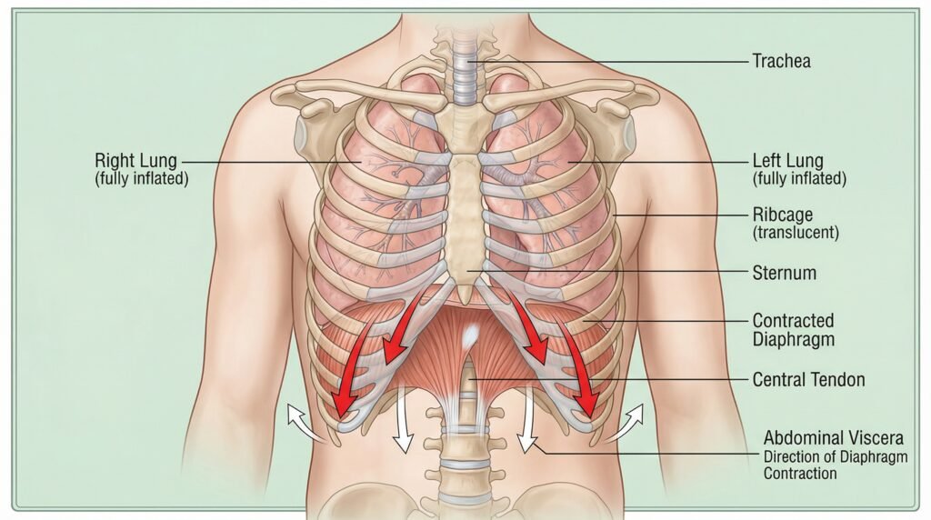 رسم تشريحي يوضح انقباضات الحجاب الحاجز أثناء حبس النفس