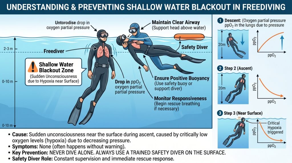 رسم توضيحي لخطر فقدان الوعي في المياه الضحلة أثناء الغوص الحر