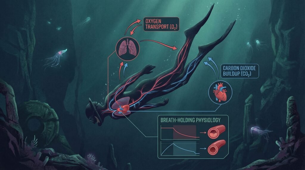 رسم توضيحي لفسيولوجيا الغوص الحر وتأثير الأكسجين وثاني أكسيد الكربون
