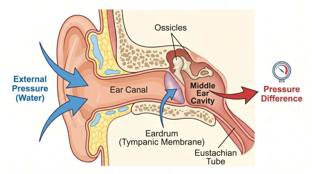 رسم توضيحي يشرح تأثير ضغط الماء على طبلة الأذن أثناء الغوص
