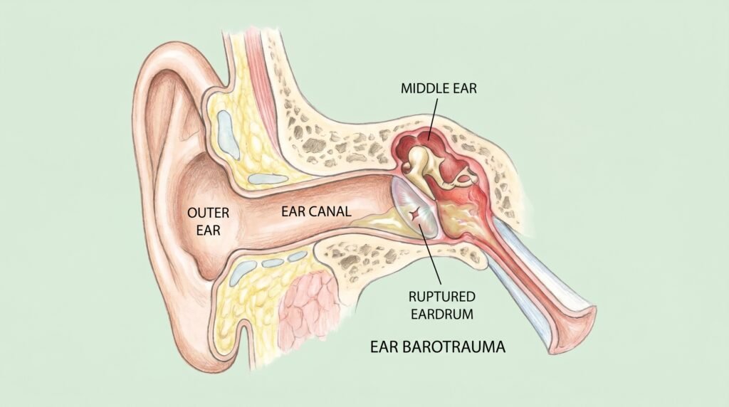 رسم طبي يوضح إصابة ضغط الأذن أثناء الغوص