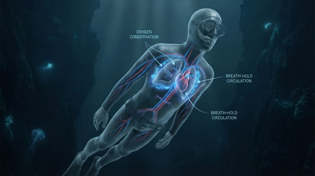 رسم علمي يوضح استجابة الجسم أثناء حبس النفس في الغوص الحر