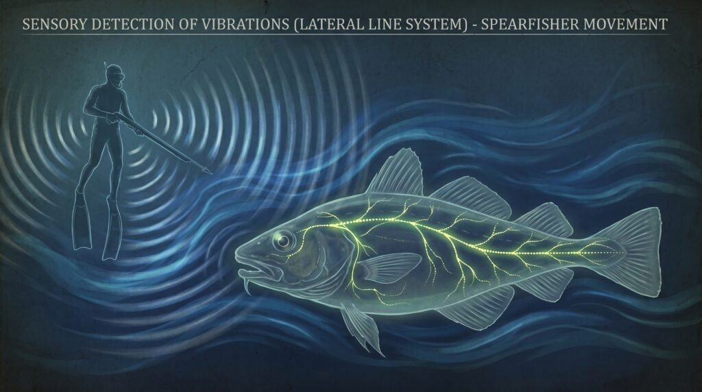 رسم علمي يوضح الخط الجانبي للأسماك وكيف يكتشف الاهتزازات في الماء