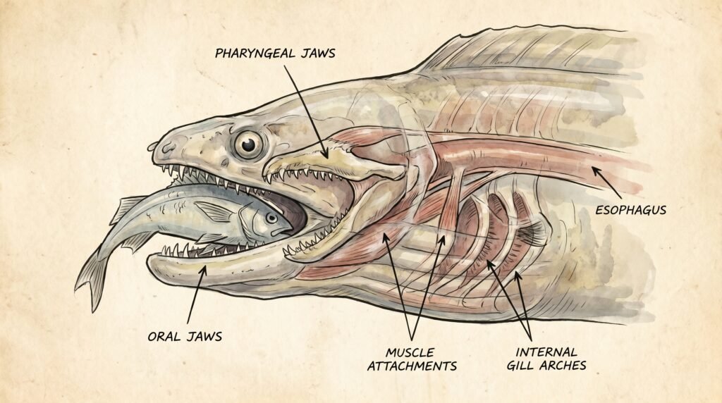 رسم علمي يوضح الفك البلعومي داخل فم سمك الموراي