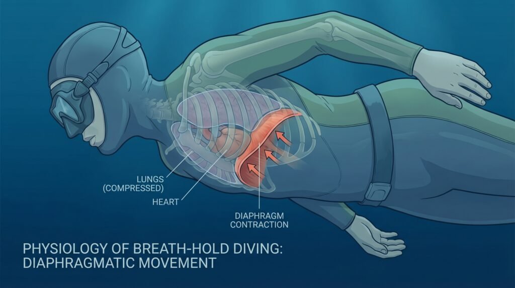 رسم علمي يوضح انقباض الحجاب الحاجز أثناء حبس النفس
