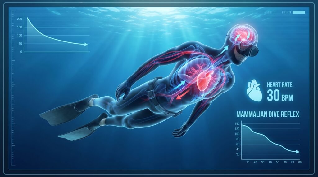 رسم علمي يوضح تأثير منعكس الغوص الثديي على جسم الغواص