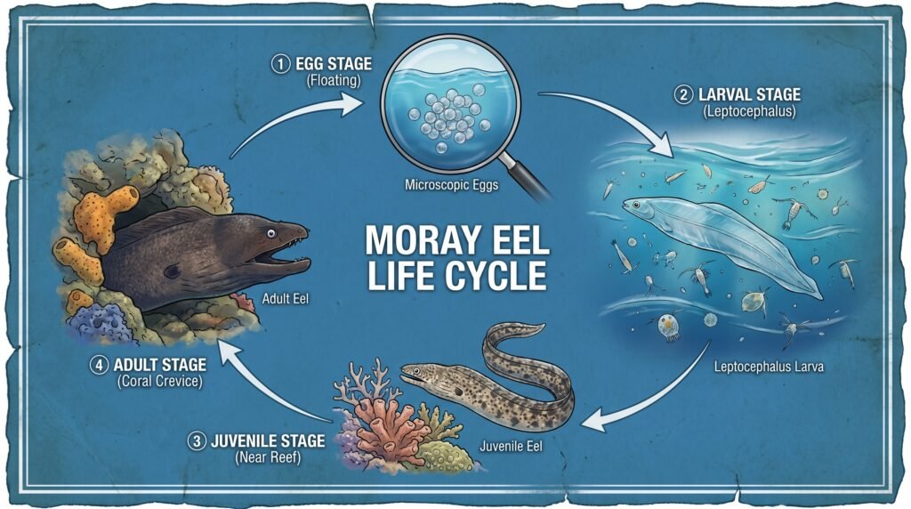 رسم علمي يوضح دورة حياة سمك الموراي من البيضة إلى السمكة البالغة داخل البيئة البحرية