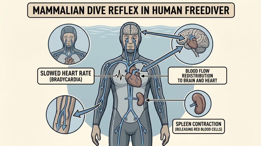 رسم علمي يوضح منعكس الغوص عند الثدييات وتأثيره على جسم الغواص أثناء حبس النفس