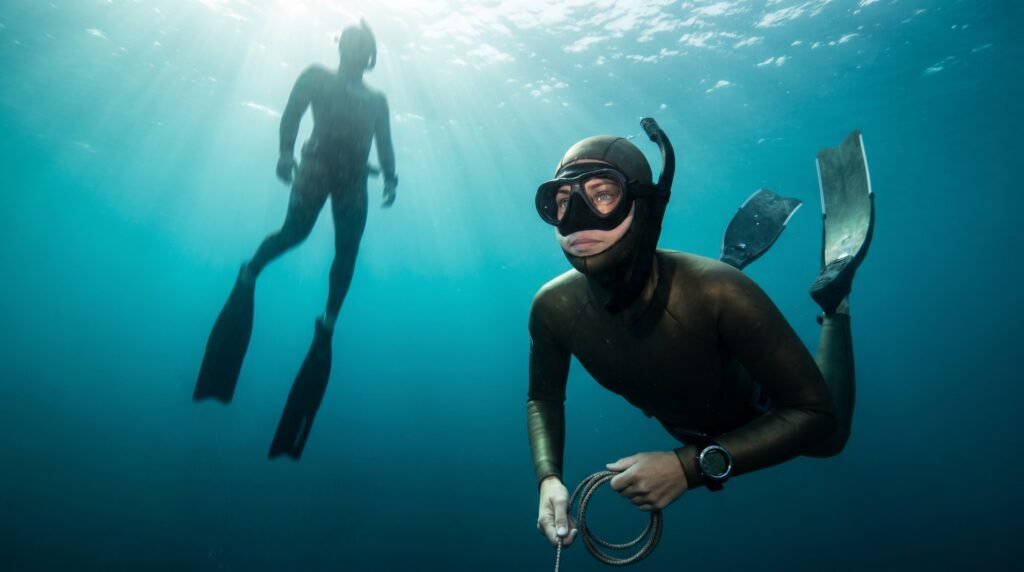 رفيق غوص يراقب صعود غواص من الأعماق بتركيز شديد