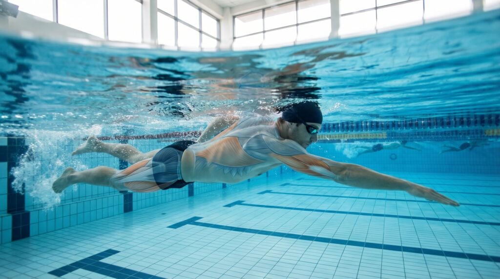 سباح تحت الماء يظهر تنشيط عضلات الجسم أثناء السباحة