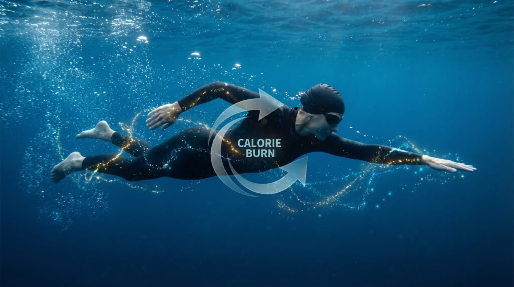 سباح داخل الماء يرمز إلى حرق السعرات الحرارية أثناء التمرين