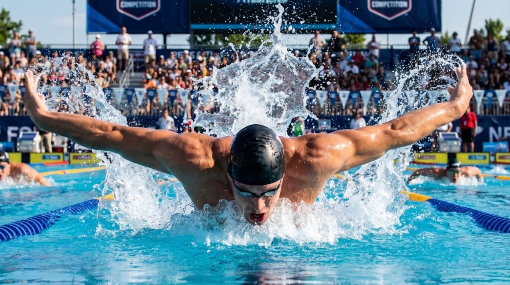 سباح يؤدي سباحة الفراشة بحركة قوية داخل المسبح