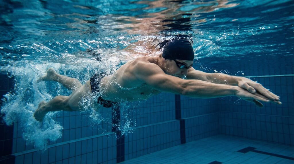سباح يتحرك داخل الماء مع ظهور مقاومة الماء حول الجسم أثناء السباحة