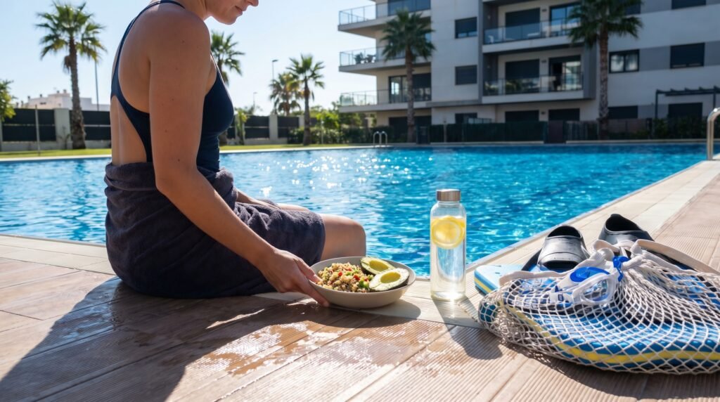 سباح يستريح بجانب المسبح مع طعام صحي بعد التمرين