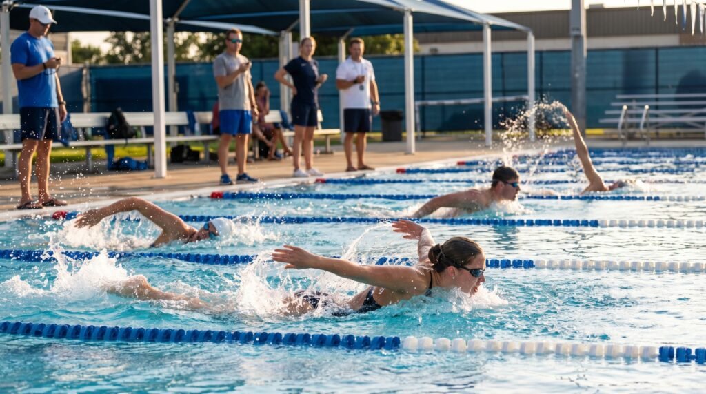 سباحون يؤدون أنواع مختلفة من السباحة داخل مسبح