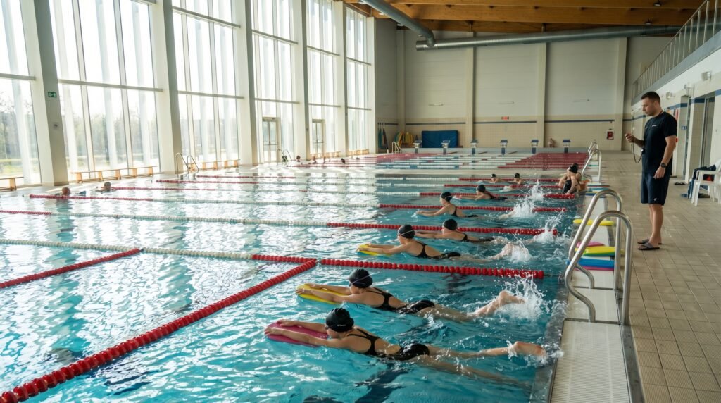 سباحون يتدربون داخل مسبح باستخدام أدوات التدريب