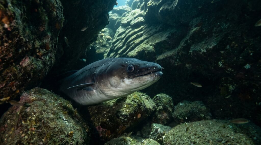 سمك الصنور يختبئ داخل جحر صخري مع ظهور رأسه بلونه الرمادي الداكن