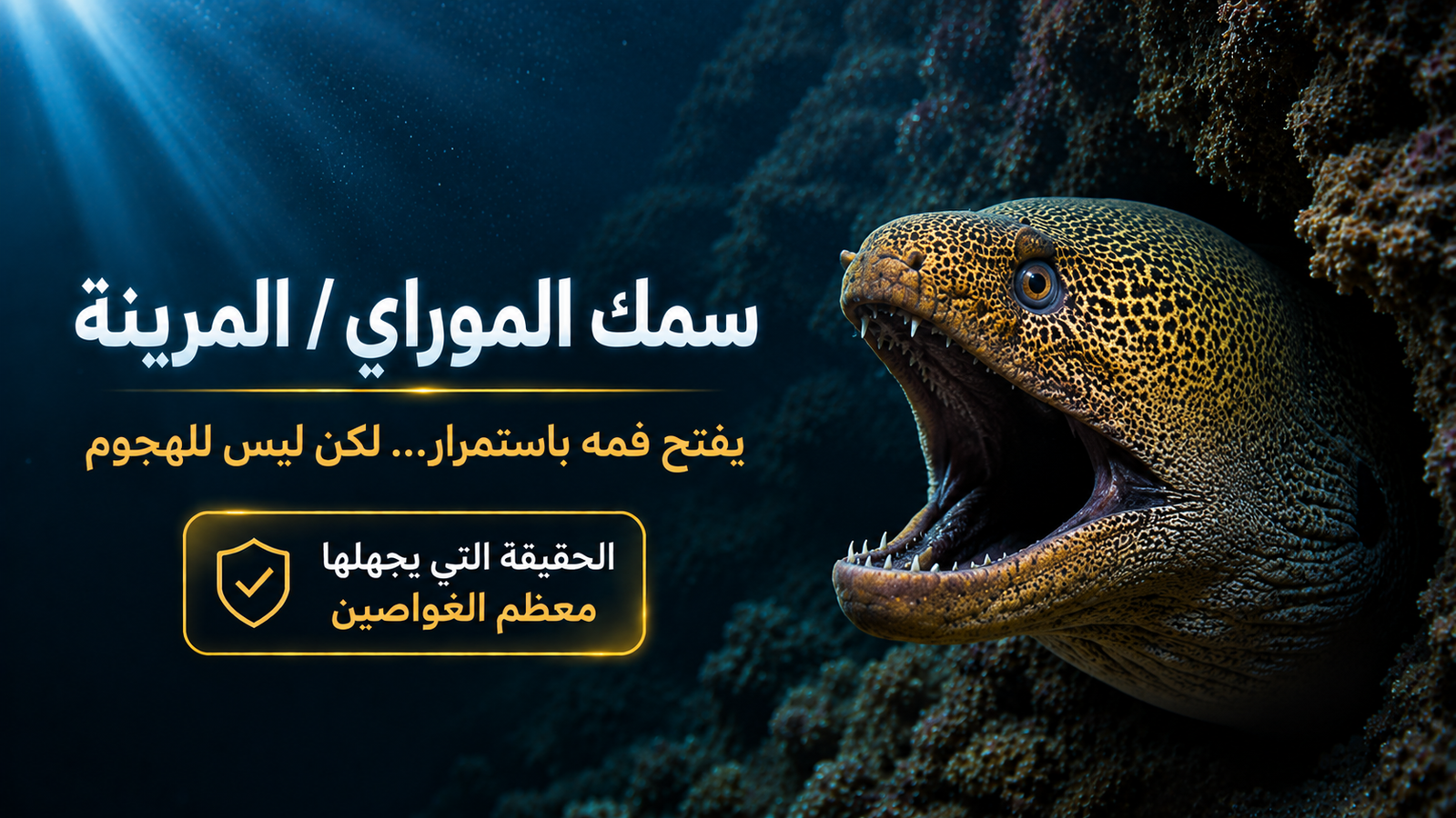 سمك الموراي (المرينة) يفتح فمه داخل شق صخري في الشعاب المرجانية، في مشهد يكشف الحقيقة العلمية وراء هذا السلوك الذي يظنه كثيرون علامة هجوم.