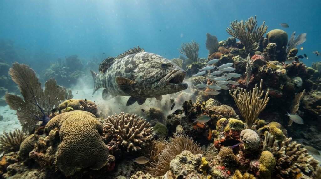 سمك الهامور يصطاد فريسته قرب الشعاب المرجانية