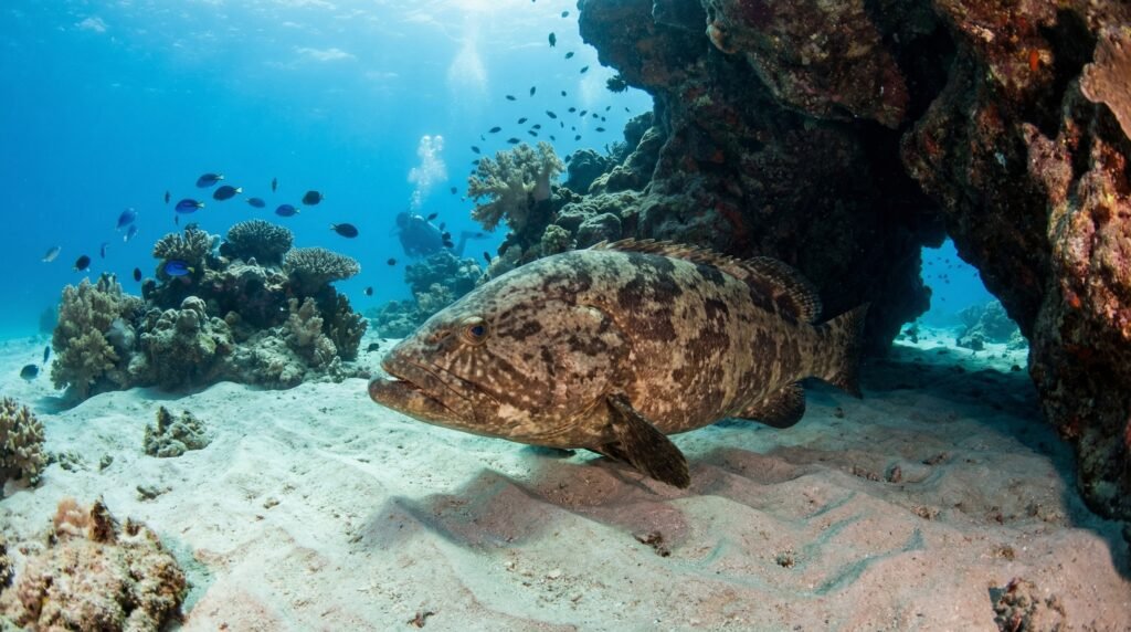 سمك الهامور قرب كهوف صخرية في قاع البحر