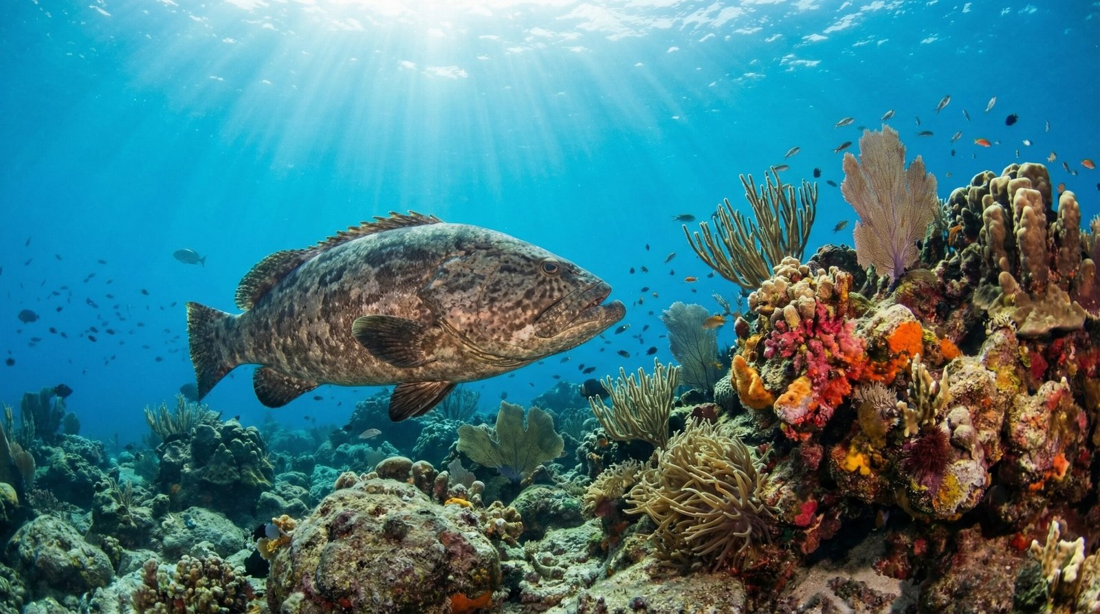 سمك الهامور يسبح بين الشعاب المرجانية في أعماق البحر