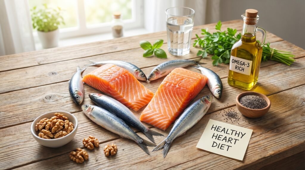 سمك صحي مرتب على شكل قلب يرمز لفوائد السمك لصحة القلب