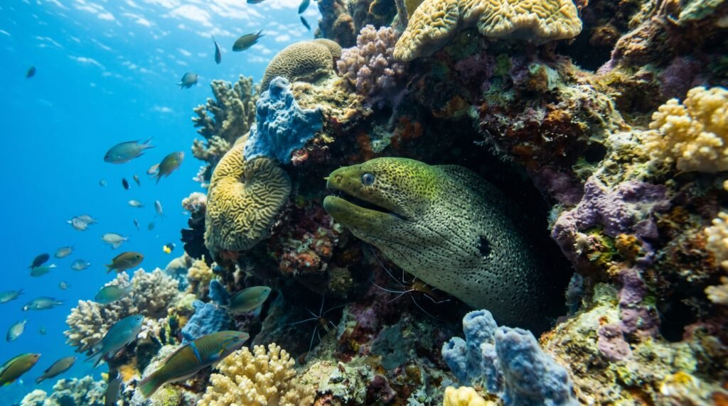 سمك موراي يختبئ داخل كهف صخري في الشعاب المرجانية