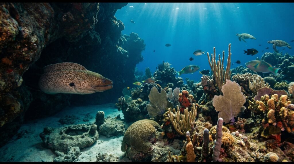 سمك موراي يستريح داخل كهف صخري في الشعاب المرجانية